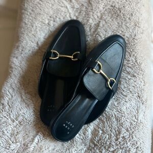 Black Leather Loafers with Gold Detail